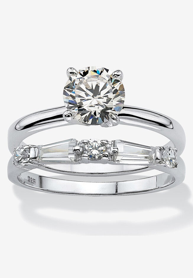 2.06 Cttw. Cubic Zirconia Sterling Silver Solitaire 2-Piece Wedding Ring Set, SILVER, hi-res image number 0