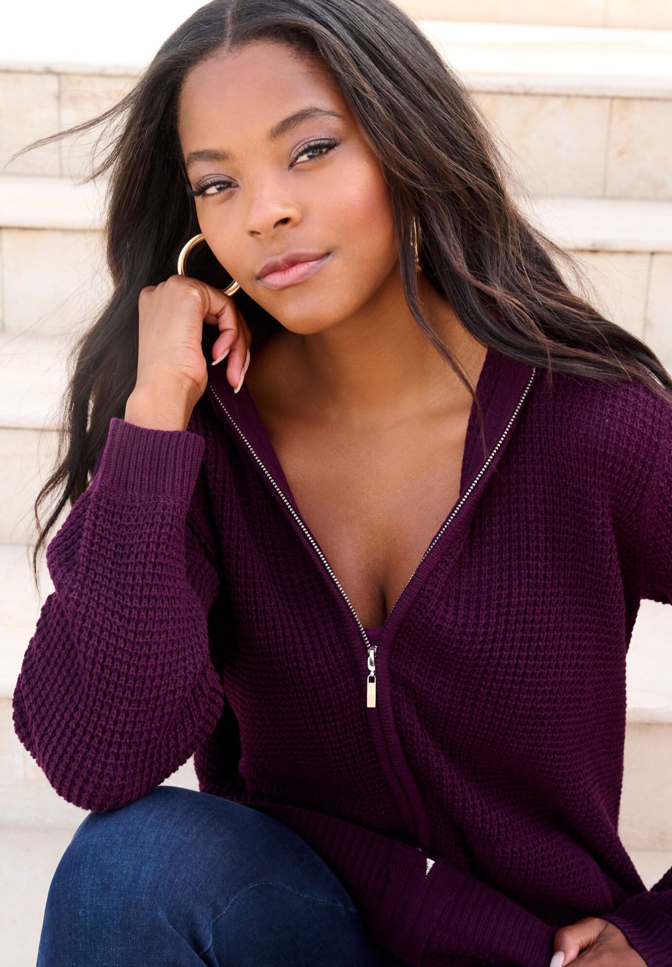 Plus Size Waffle Knit Zip-Front Relaxed Hoodie, , alternate image number 5