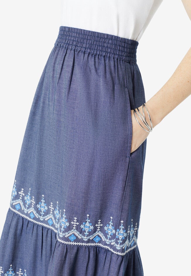 Embroidered Tiered Chambray Skirt, , alternate image number 3