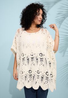Plus Size Crochet Paisley Openwork Scoop Neck Poncho
