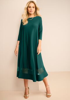 Plus Size 3/4 Sleeve Mesh Inset Boatneck Dress