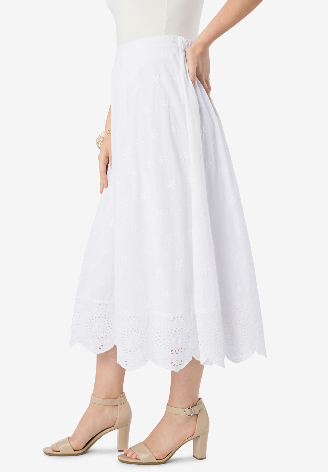 Eyelet Midi Skirt, WHITE, alternate image number 2