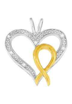 Silver Two Toned Diamond Accent Heart-Ribbon Pendant Necklace
