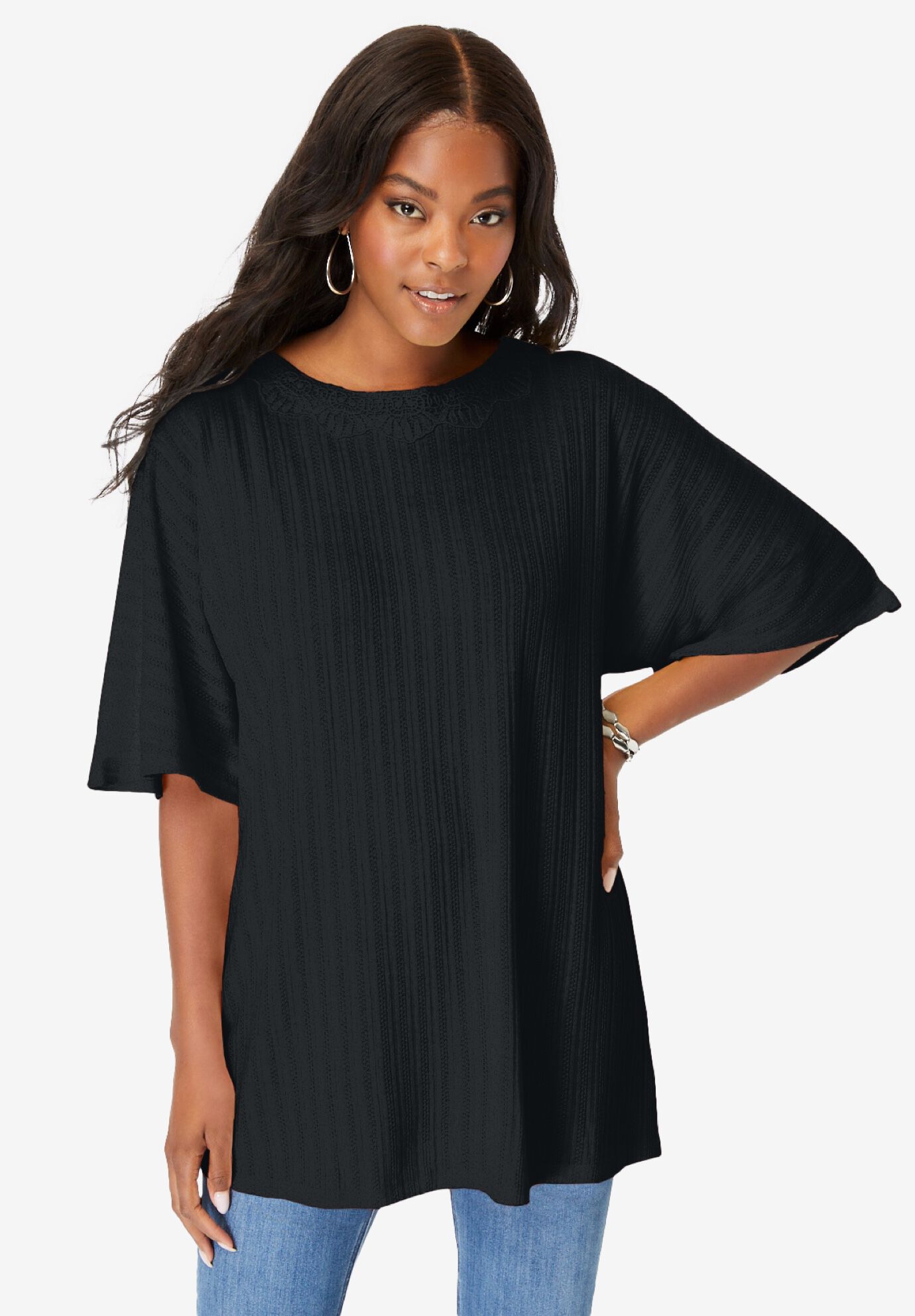 Lace Back Pointelle Tunic, BLACK, hi-res image number 0
