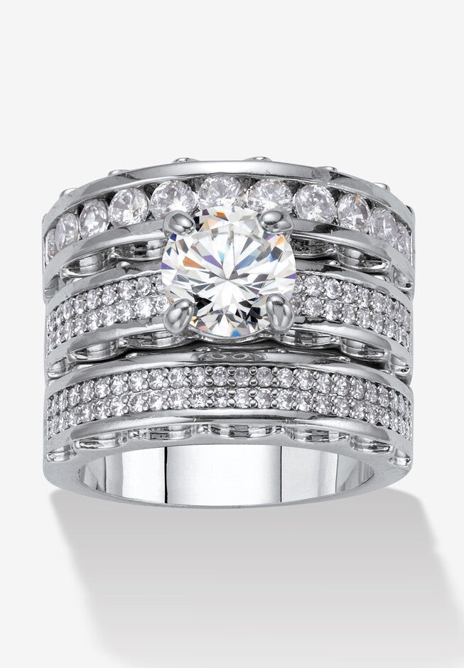 3 Piece 3.38 Tcw Round Cubic Zirconia Platinum-Plated Bridal Ring Set, WHITE, hi-res image number 0
