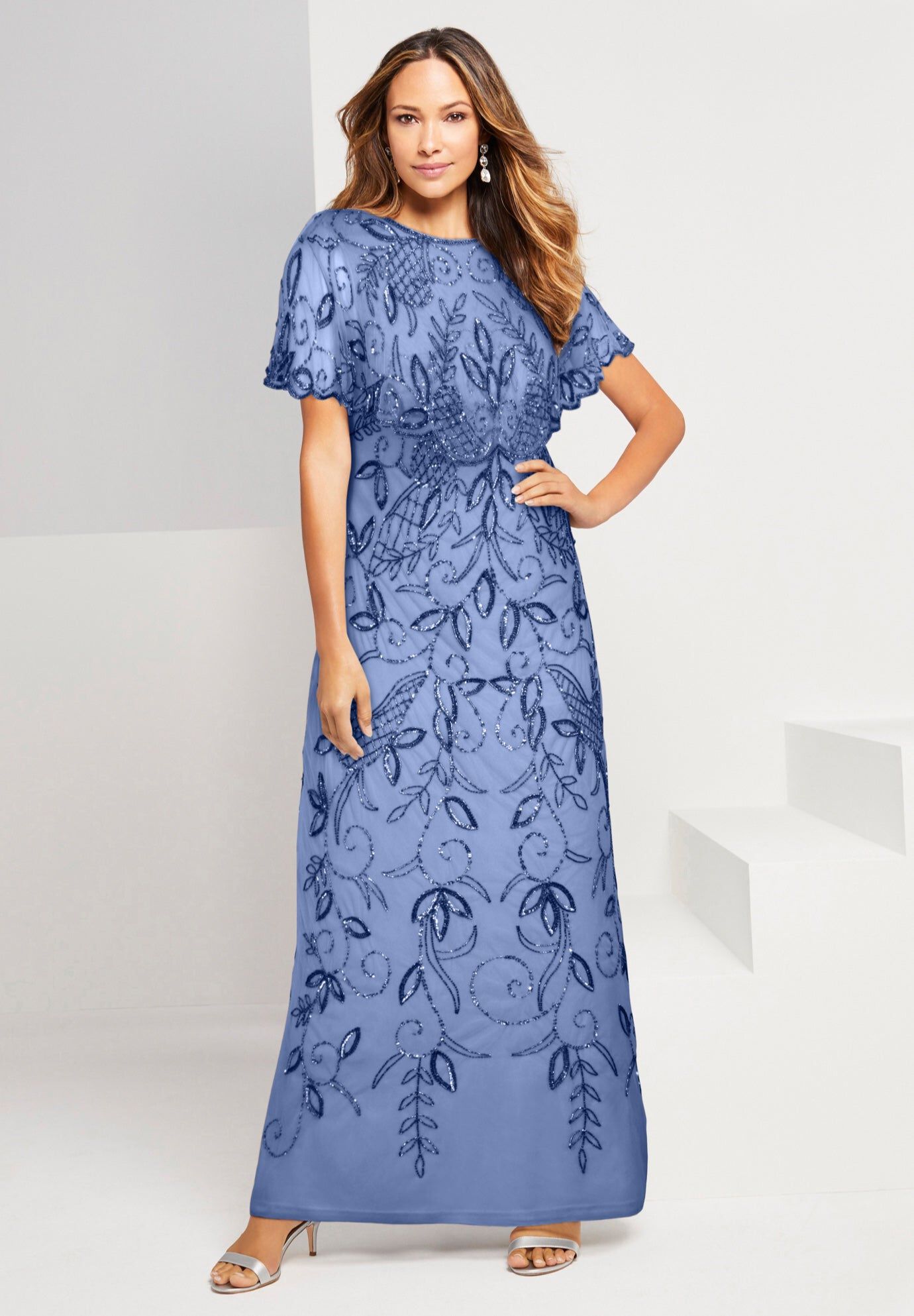 Extended Plus Size Beaded Capelet Maxi Gown &ndash; Glam Evening Dress, PLUM BLUE, hi-res image number 0