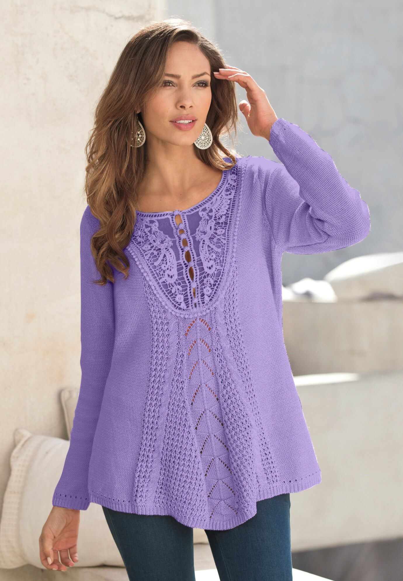 Plus Size Lace Yoke Pullover Sweater, VINTAGE LAVENDER, hi-res image number 0