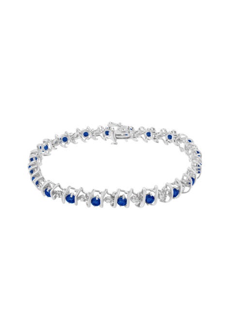 Sterling Silver Gemstone & Round Diamond Tennis Bracelet Blue Sapphire September Birthstone, , on-hover image number null