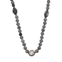 Round Genuine Pearl and Jasper Silvertone Beaded Necklace 34-inch