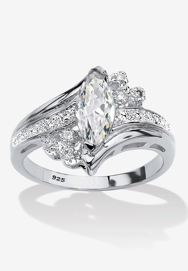 1.03 Tcw Marquise-Cut Cubic Zirconia Platinum-Plated Silver Engagement Ring, WHITE, hi-res image number 0