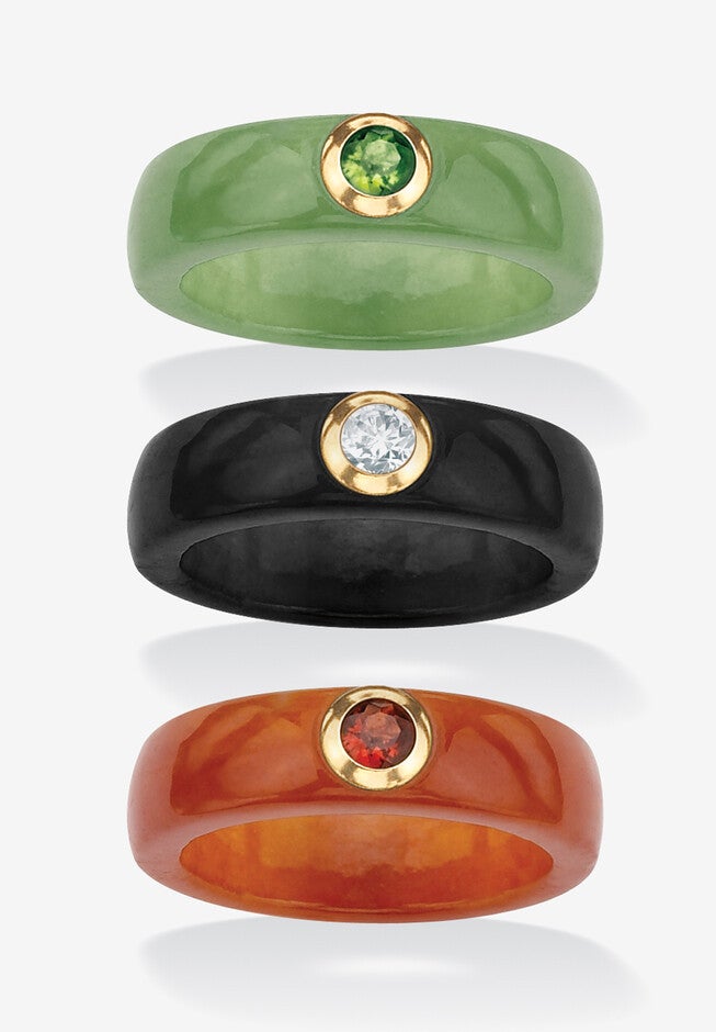 Genuine Jade And Peridot, Garnet And White Topaz Ring 3-Piece Set In 10K Gold, GREEN, hi-res image number 0