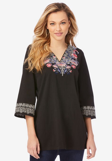 Embroidered V-Neck Top, BLACK BLOSSOM EMBROIDERY, hi-res image number null