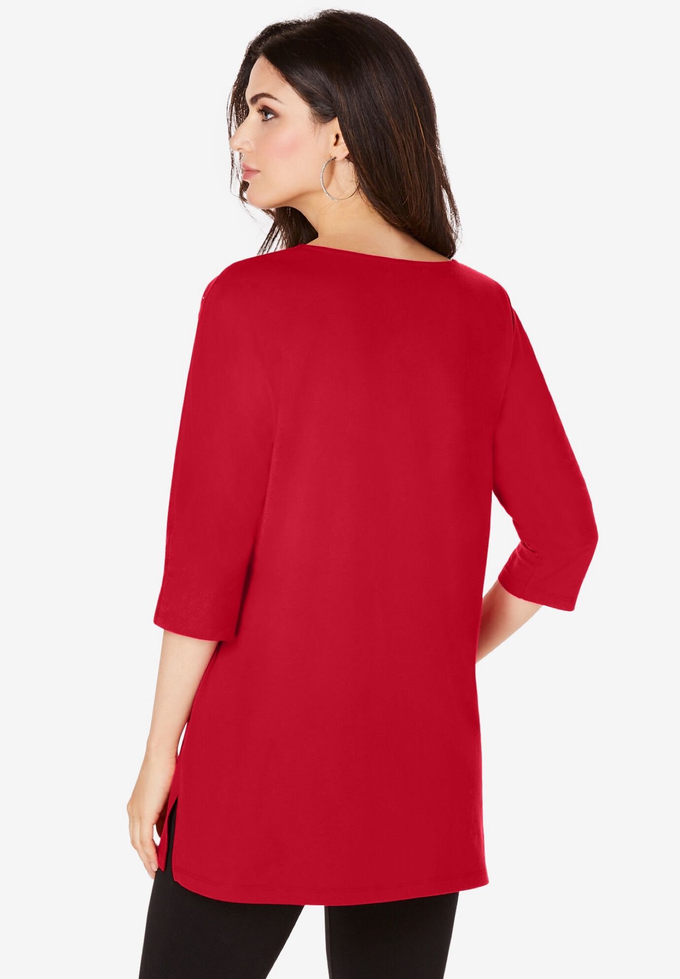 Women Burgundy Printed Straight Tunic With Three Quarter Sleeves