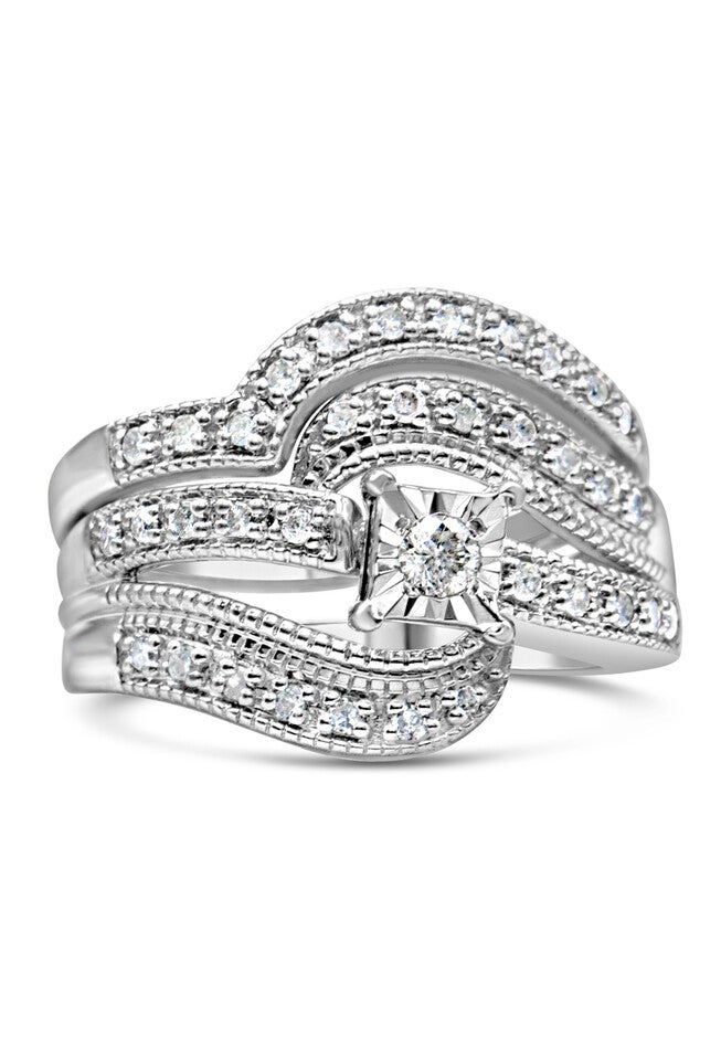 Silver 1/3 Cttw Round Diamond Crisscross Engagement Ring Bridal Set, SILVER, hi-res image number 0