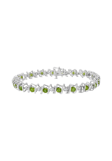 Sterling Silver Gemstone & Round Diamond Tennis Bracelet Green Peridot August Birthstone, WHITE, hi-res image number null