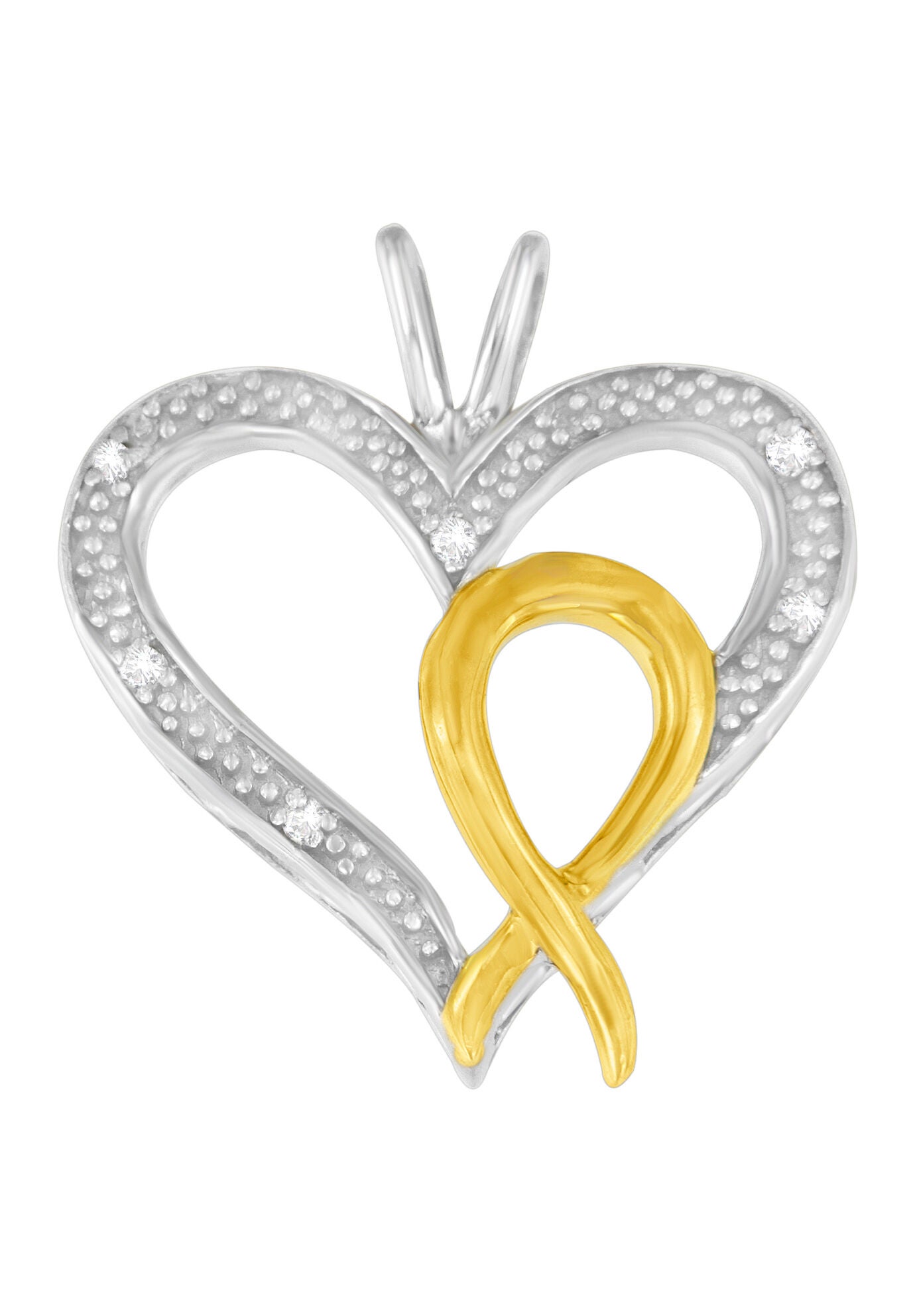 Silver Two Toned Diamond Accent Heart-Ribbon Pendant Necklace, SILVER GOLD, hi-res image number 0