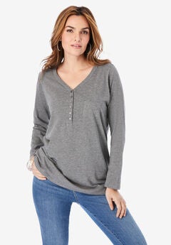 Long Sleeve Henley Ultimate Tee with Sweetheart Neck