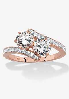 2.20 Cttw. Rose Gold-Plated .925 Silver Round Cubic Zirconia 2-Stone Bypass Ring