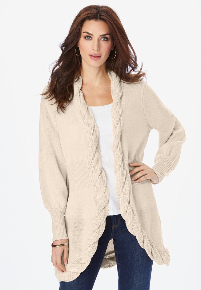 Twisted Cable Knit Cardigan, OATMEAL, hi-res image number null