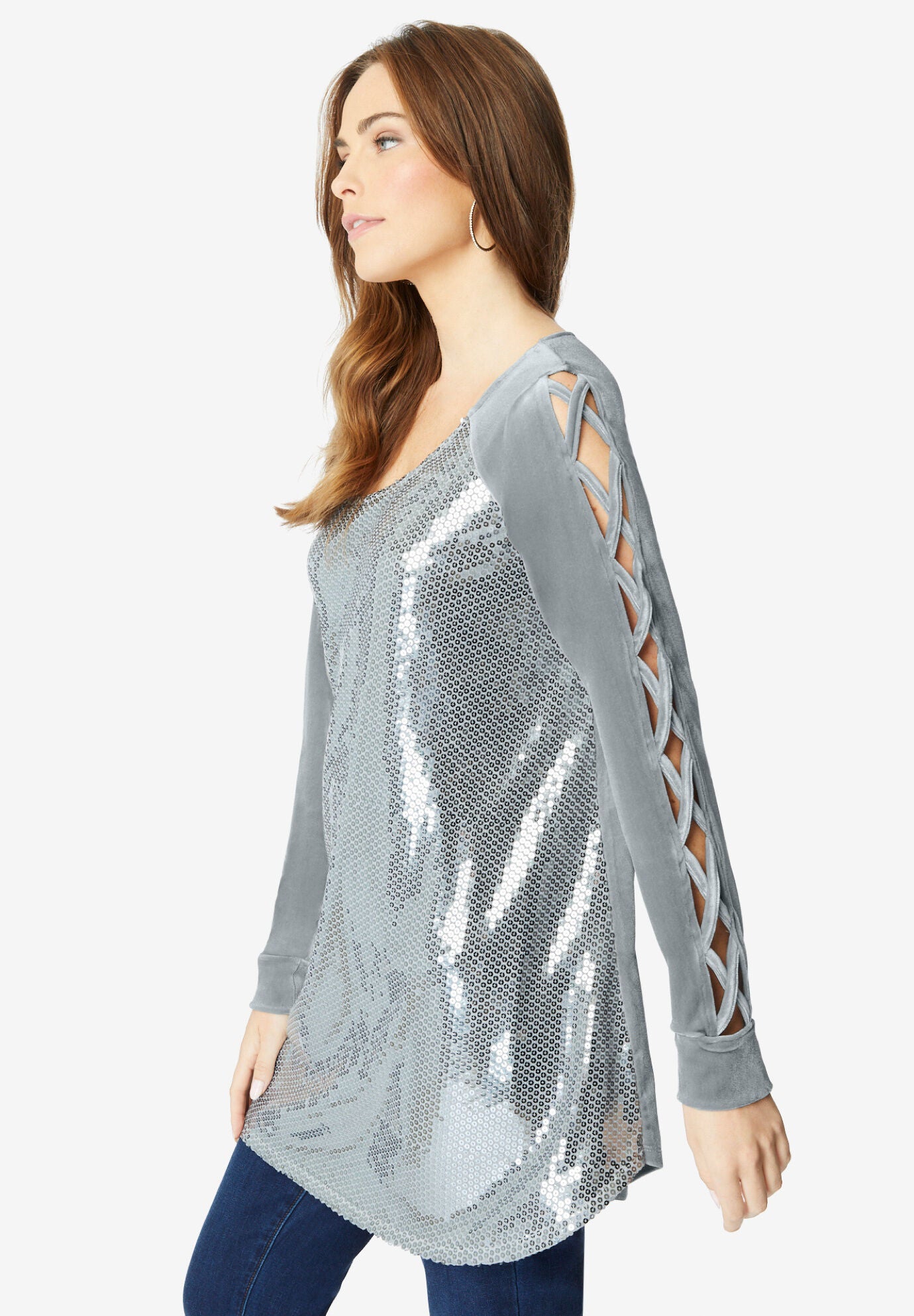 Velour Lattice-Sleeve Sequin Tunic, , alternate image number 2