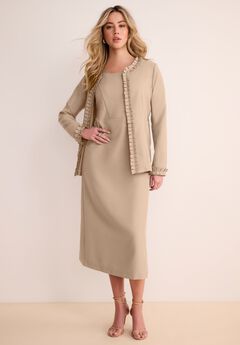 Plus Size Long Sleeve Pleated Jacket Dress Set – Elegant 2-Piece Sheath Suit