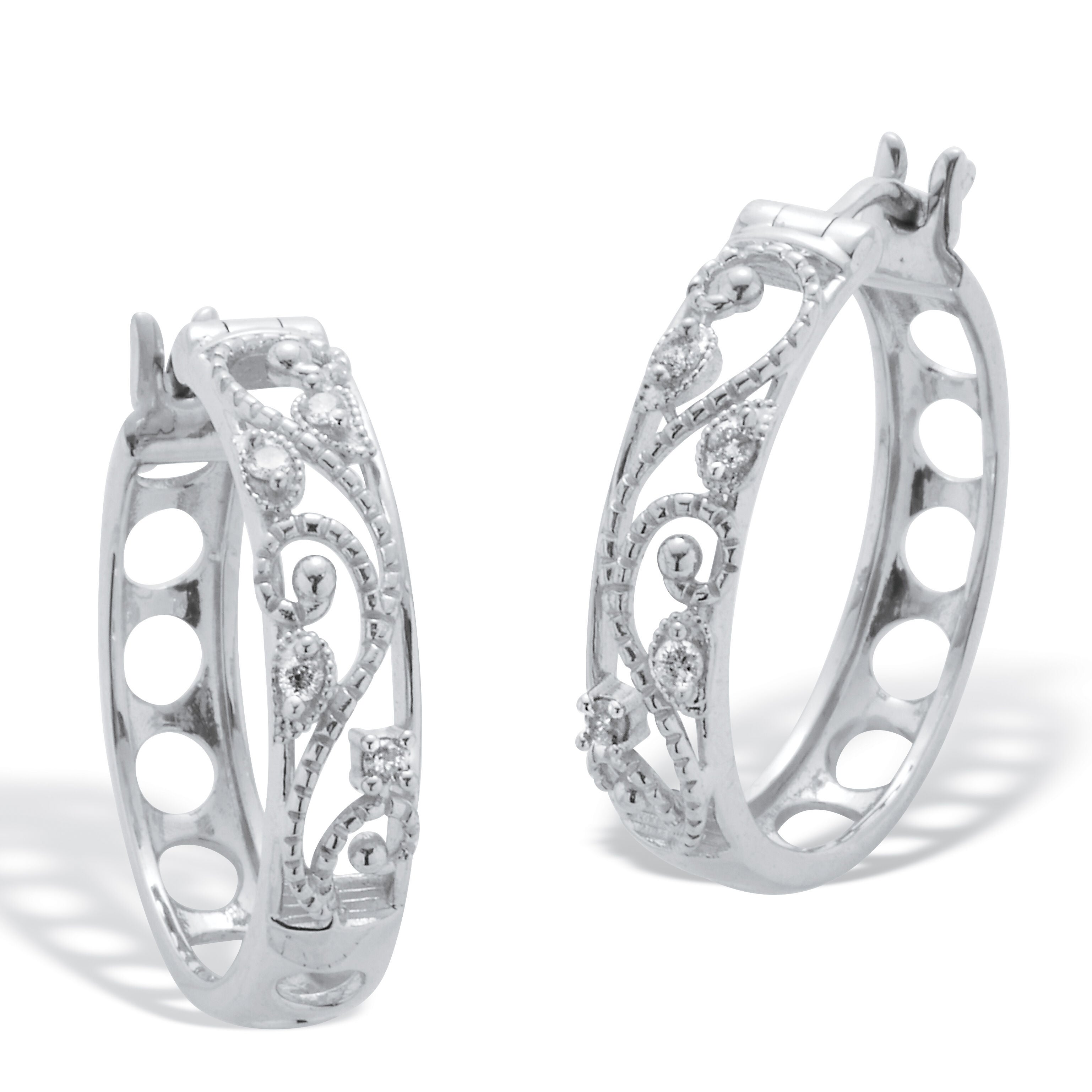 .10 TCW Diamond Sterling Silver Filigree Hoop Earrings (7/10 inch), WHITE, hi-res image number 0