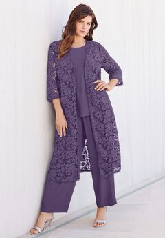 Extended Plus Size 3-Piece Allover Lace Duster Pant Set – Formal Wear