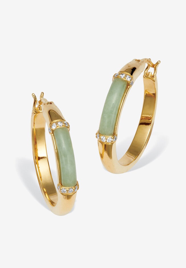 .18 Tcw Cz Cabochon Cut Genuine Green Jade 18K Yellow Gold-Plated Hoop Earrings, GREEN, hi-res image number 0
