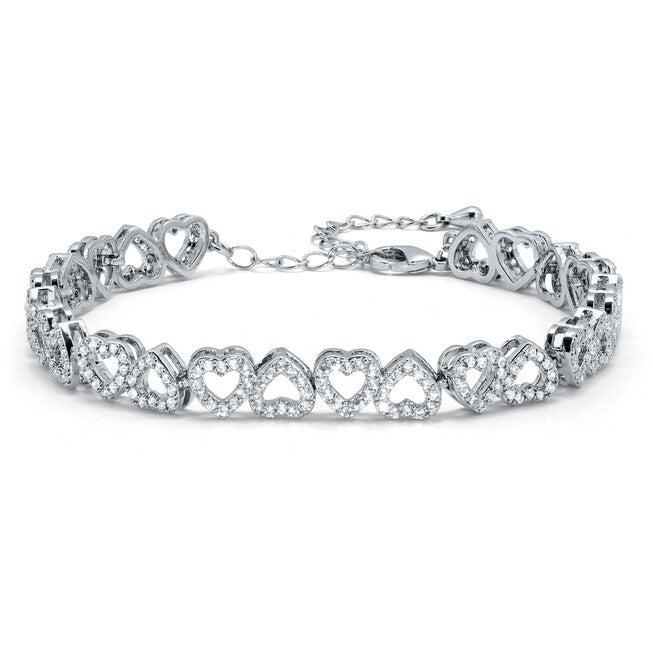 Round Crystal Heart Silvertone Bracelet 7-inch, WHITE, hi-res image number 0