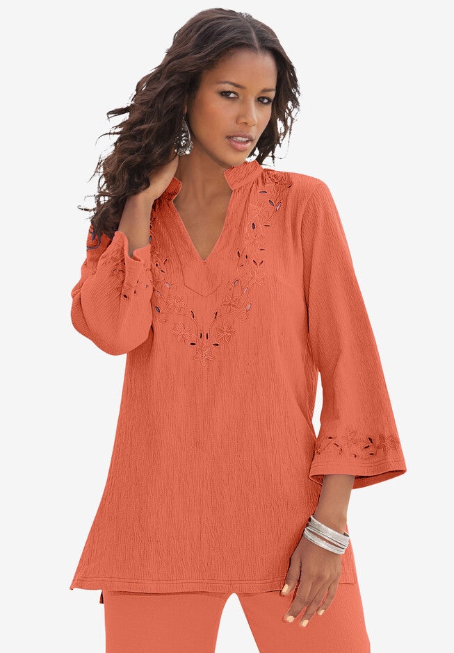 Eyelet Cutout Crinkle-Knit Gauze Tunic, TROPICAL MELON, hi-res image number null