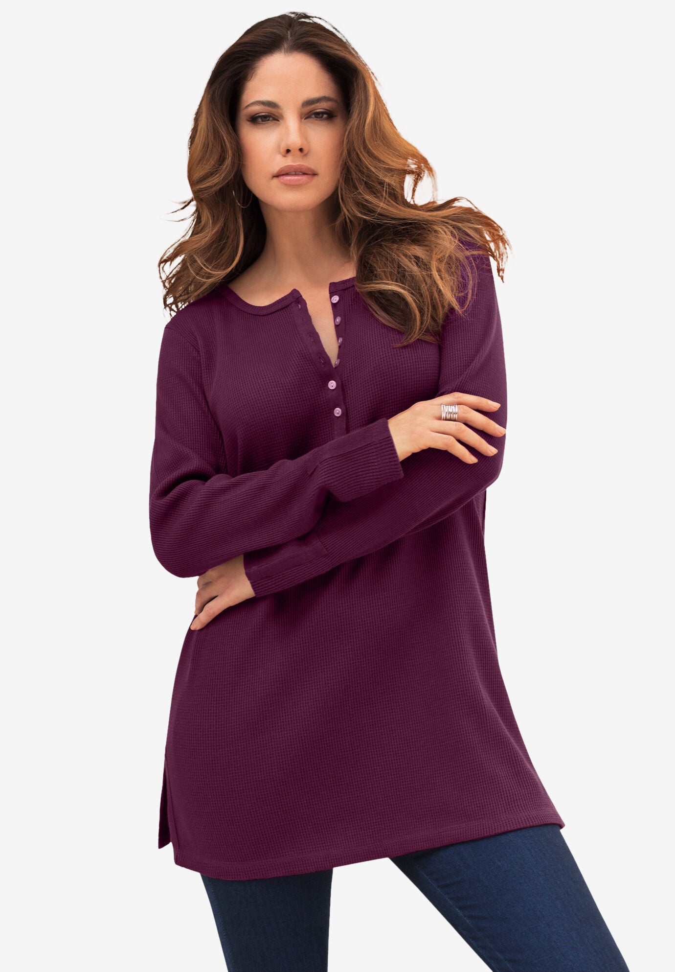 Plus Size Knit Thermal Henley Top &ndash; Long Sleeve, , alternate image number 2