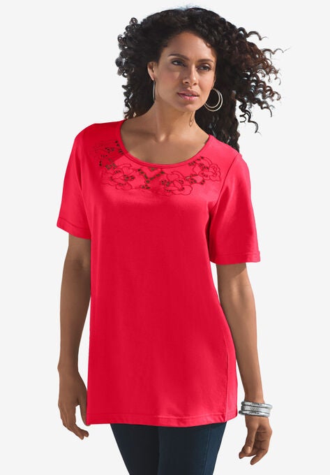 Eyelet Cutout Tee, VIVID RED, hi-res image number null