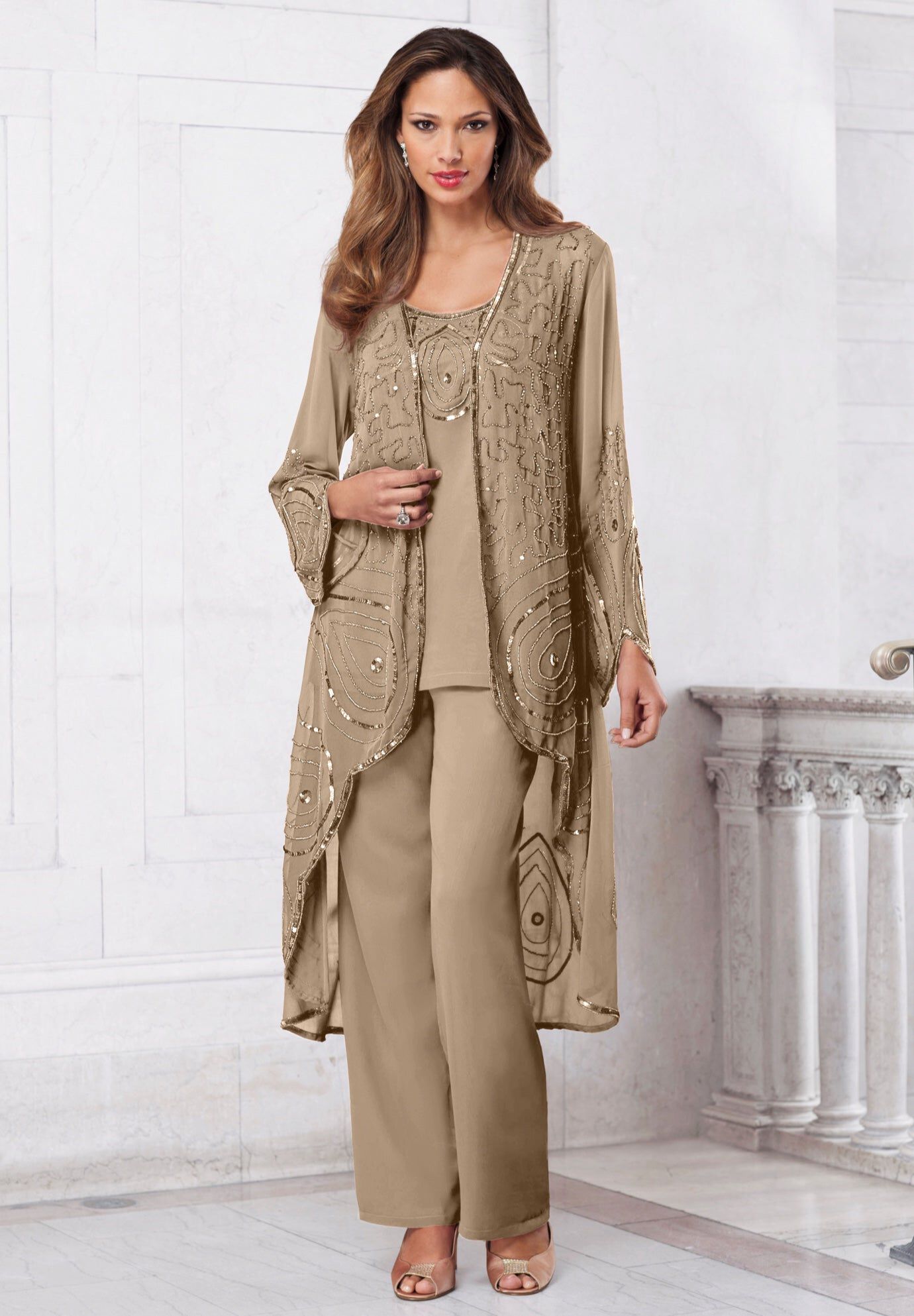 Plus Size Beaded Georgette Scoop Neck 3-Piece Pant Set