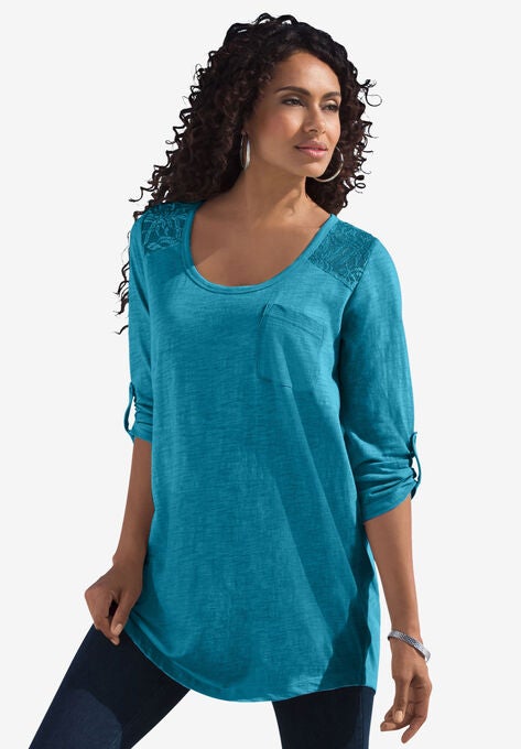 Cotton Slub Lace Tunic, DEEP TEAL, hi-res image number null