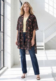 Plus Size Georgette Open-Front Flare Sleeve Kimono