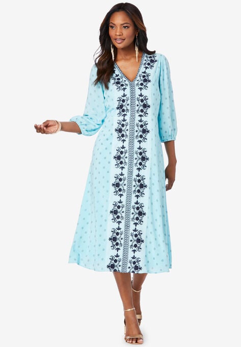 Embroidered Long Dress, LIGHT AQUA MEDALLION EMBROIDERY, hi-res image number null
