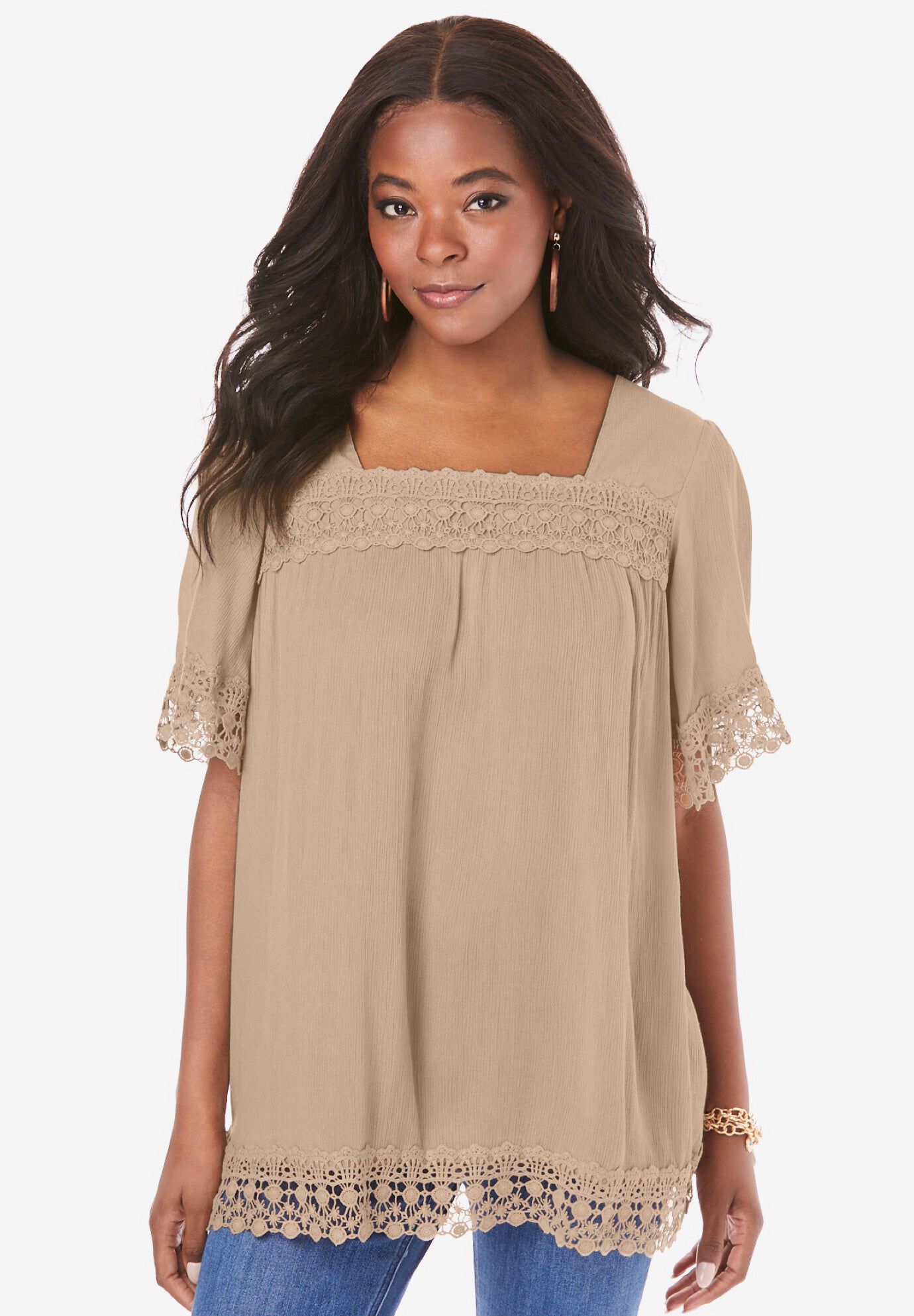 Hand Crinkled Embroidered Lace Top, NEW KHAKI, hi-res image number 0