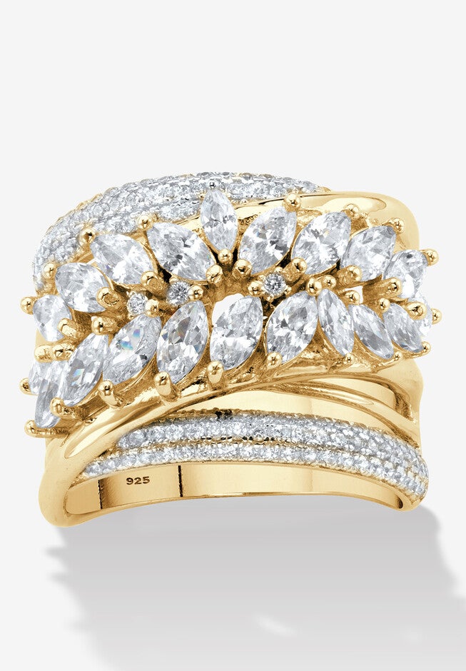 4.18 Cttw. Cubic Zirconia 14K Gold-Plated Sterling Silver Diagonal Multi-Row Ring, SILVER, hi-res image number 0