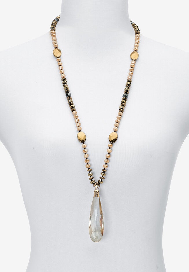 Brown Faceted Crystal Pendant Goldtone Drop Necklace, 32-Inch Length, , alternate image number 2