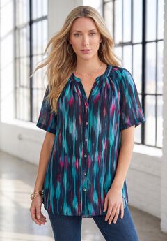 Plus Size Angelina Crinkle Crepe Y-Neck Short Sleeve Tunic