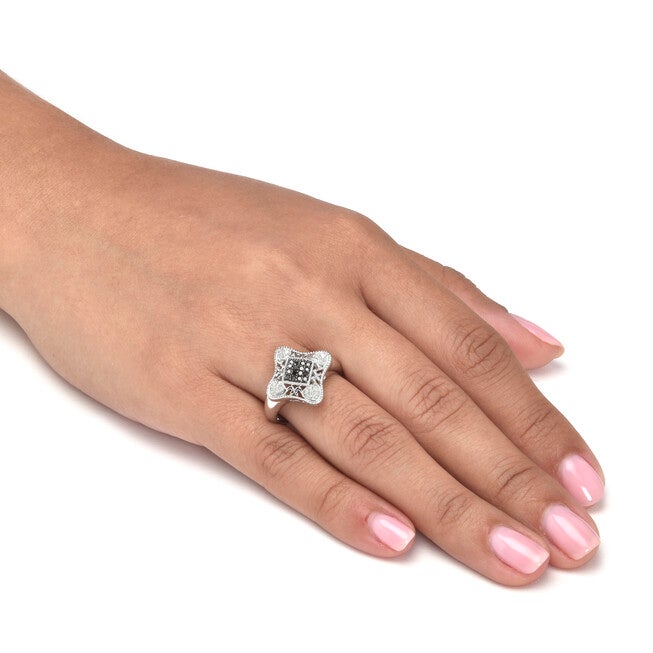 .21 TCW Black and White Diamond Sterling Silver Vintage-Inspired Diamond Ring, WHITE, alternate image number 2