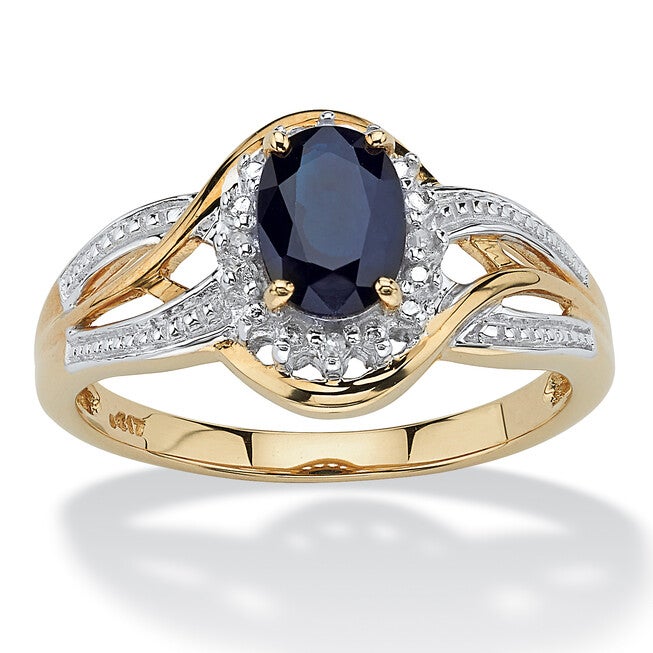 10k Yellow Gold Oval Blue Sapphire and Round Diamond Accent Ring, WHITE, hi-res image number 0