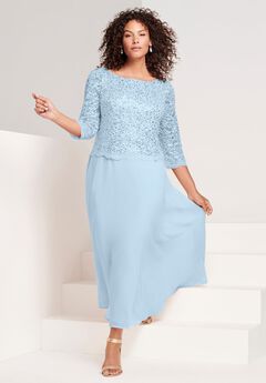 Plus Size Sparkle Lace Popover A-Line Gown with 3/4 Sleeves