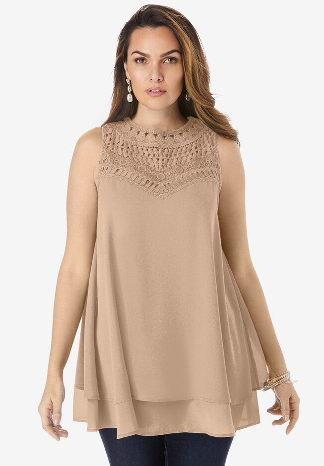 Lace Yoke Top, NEW KHAKI, hi-res image number 0