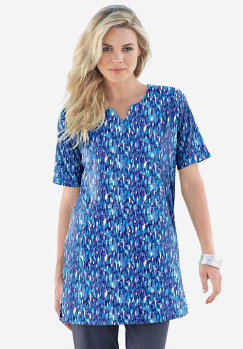 Print Notch-Neck Soft Knit Tunic, NAVY BRUSHSTROKE PRINT, hi-res image number null