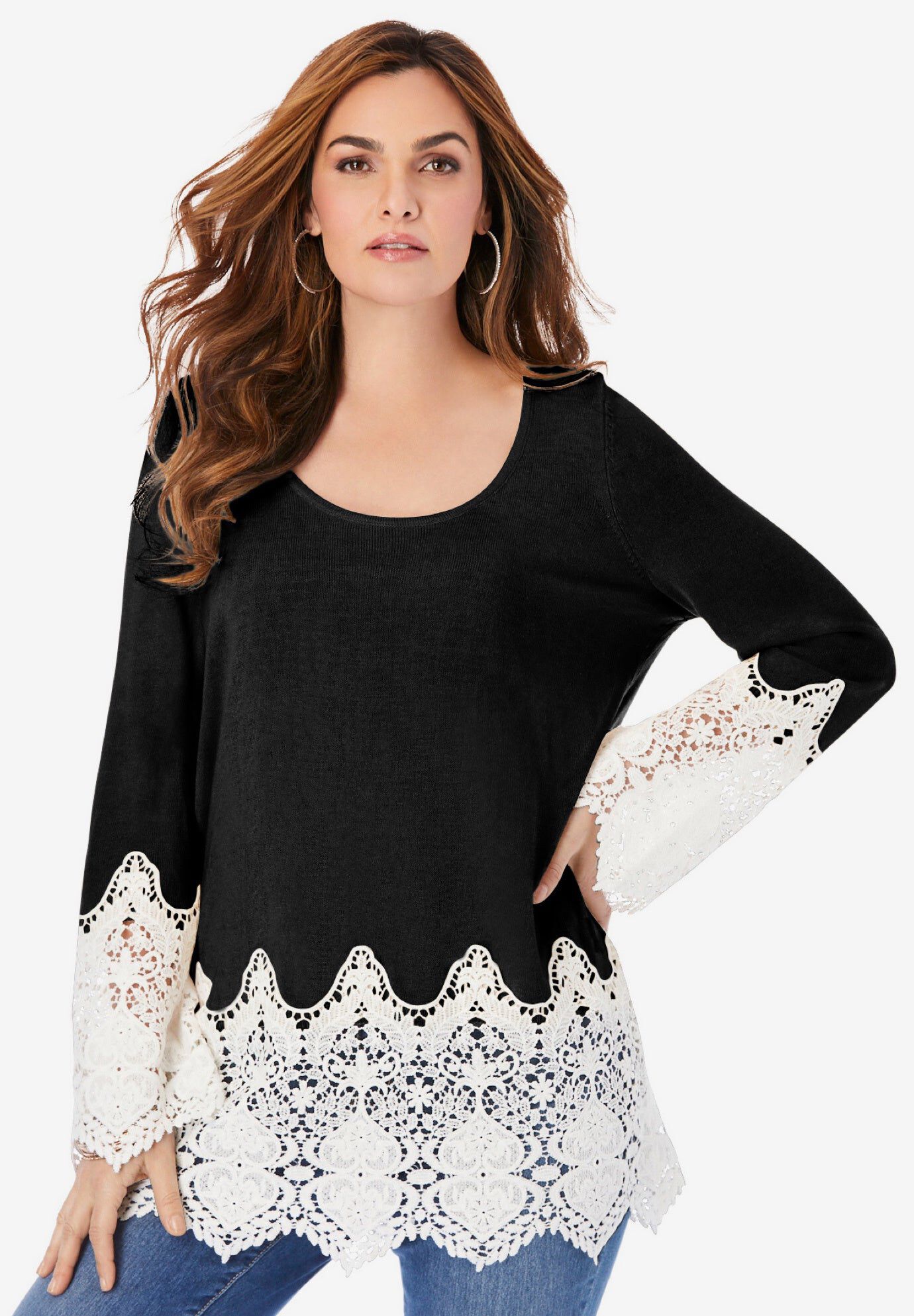 Fine Gauge Lace Pullover Sweater, BLACK, hi-res image number 0