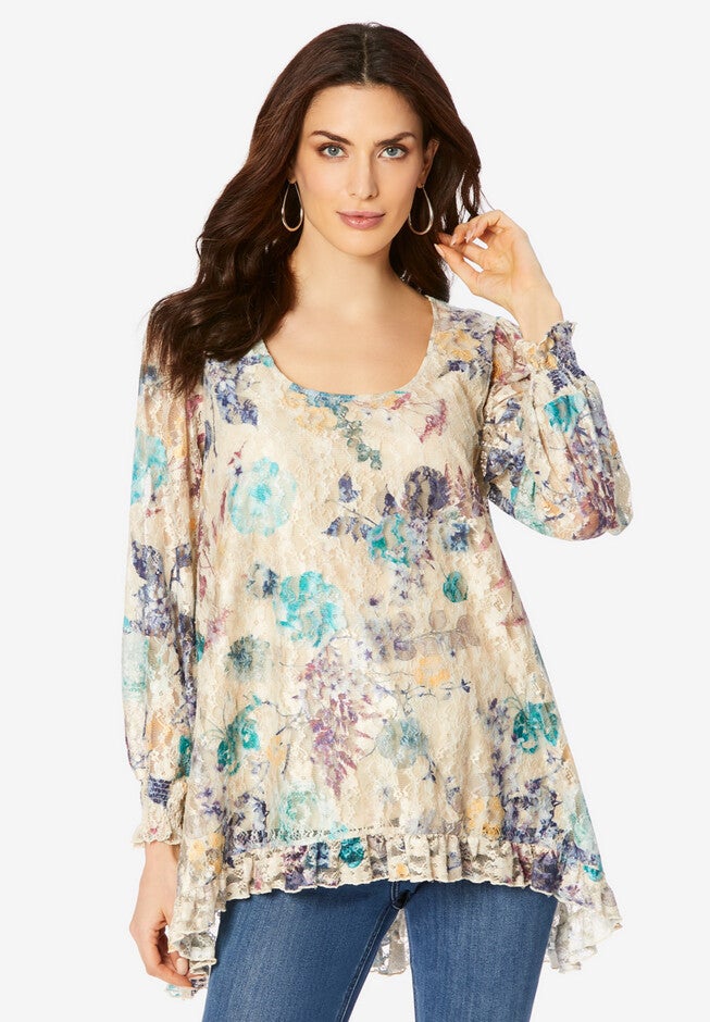 Hi-Low Printed Lace Tunic, MULTI PRINT, hi-res image number null