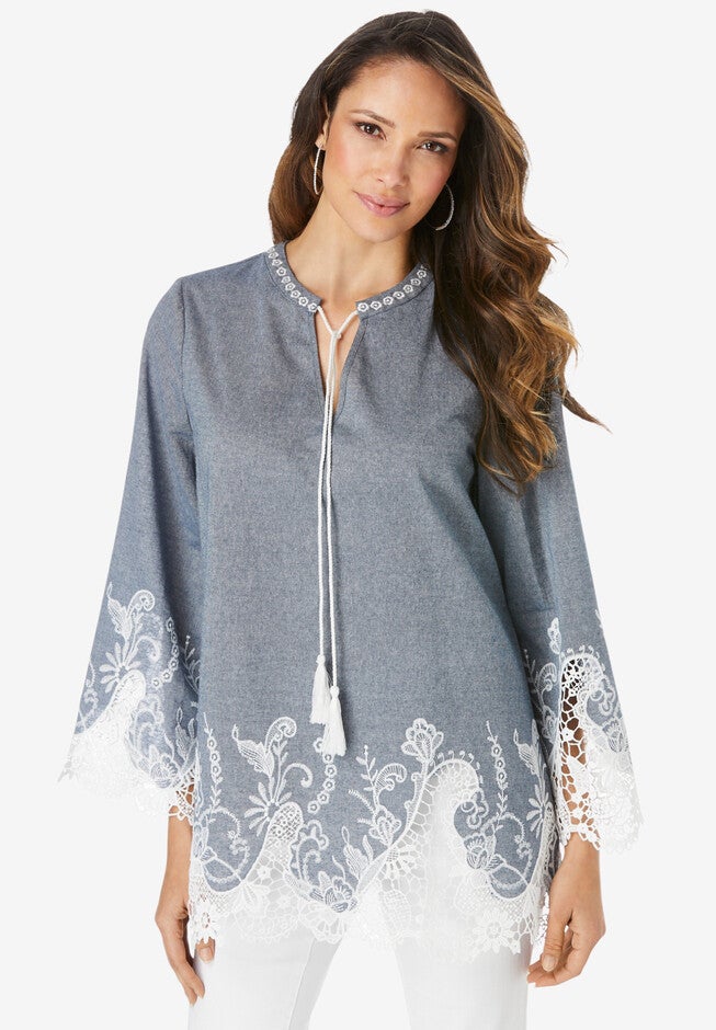Lace Chambray Tunic, LIGHT STONEWASH, hi-res image number null