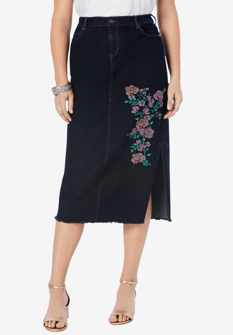 Embroidered Midi-Length Denim Skirt, MULTI EMBROIDERED BOUQUET, hi-res image number null