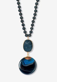 Genuine Black Agate And Lava Stone Beaded Goldtone Drop Necklace, 34-Inch Length